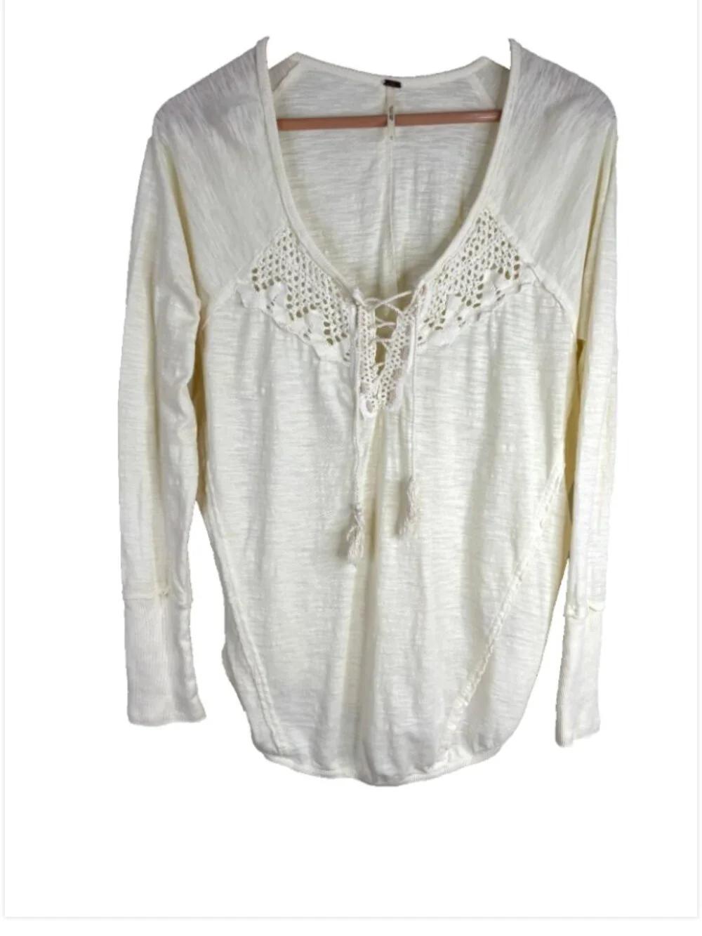 Free People Cream Crochet Lace Up Henley L Boho Y2K Cottage Long Sleeve Western